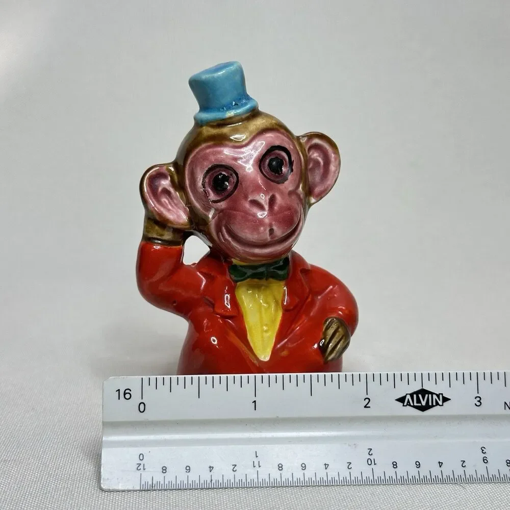 Vintage Japan Monkey Salt Pepper Shakers Ceramic Bonnet & Top Hat Pair Corks